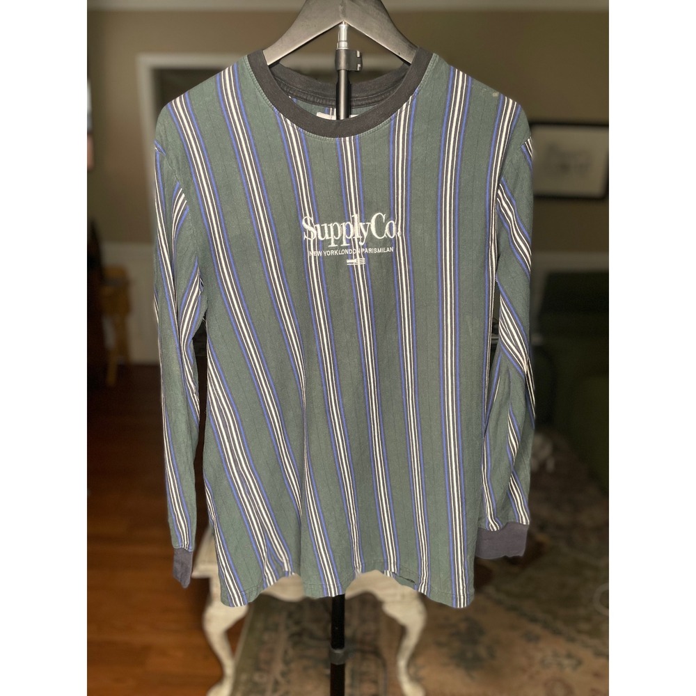 Supply‎ Co. Men's Small Loose Fit Striped Long Sleeve Graphic T-Shirt Green